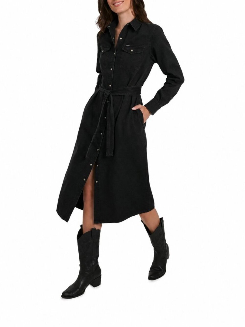 Wrangler Belted Denim Midi Dress XS Black Western Style - Picture 2 of 9